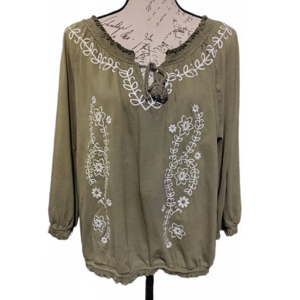 Bandolino Womens Boho Olive Green Embroidered Floral Cotton Peasant Blouse XL